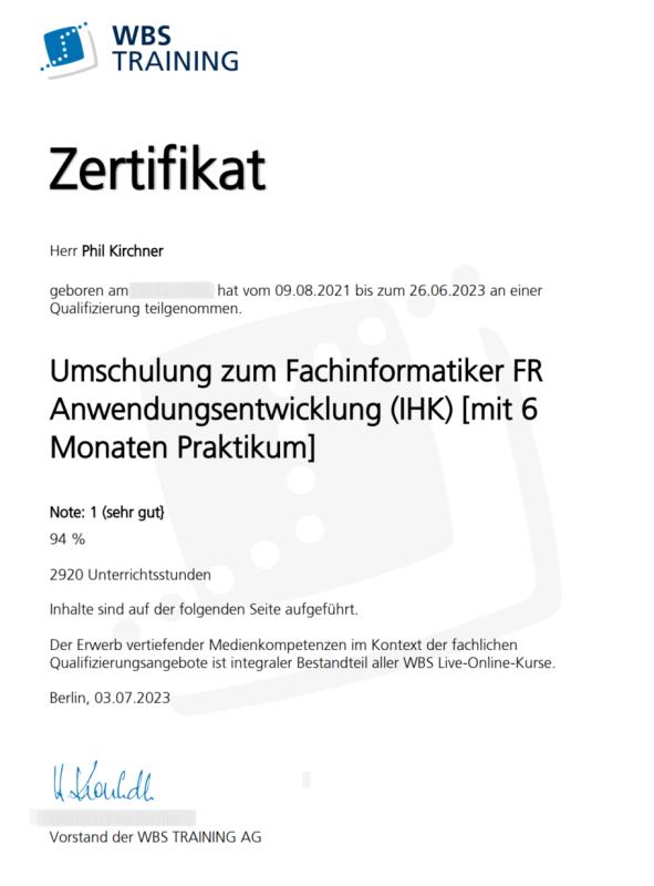 WBS Training Zertifikat Fachinformatiker Anwendungsentwicklung