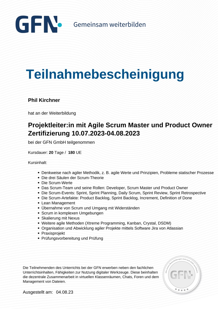 GFN Teilnahmebescheinigung Agile Scrum Master und Product Owner