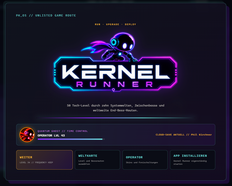 Kernel Runner Hauptmenü mit Kampagnenfortschritt
